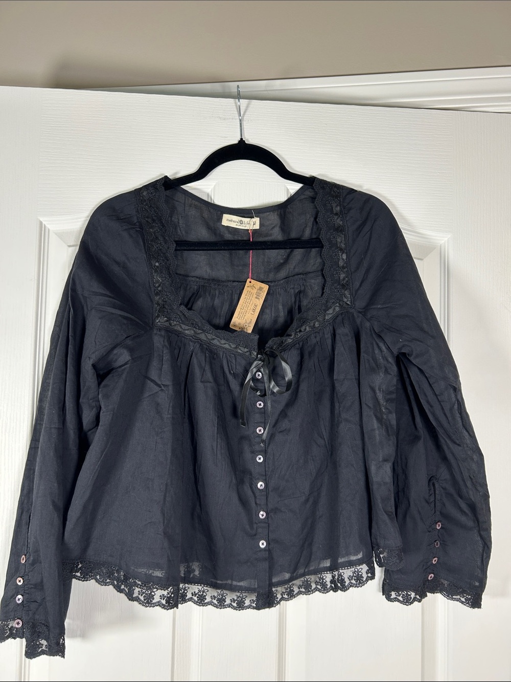 NATURAL LIFE Black Lace-Trim Button Front Peasant Blouse size L